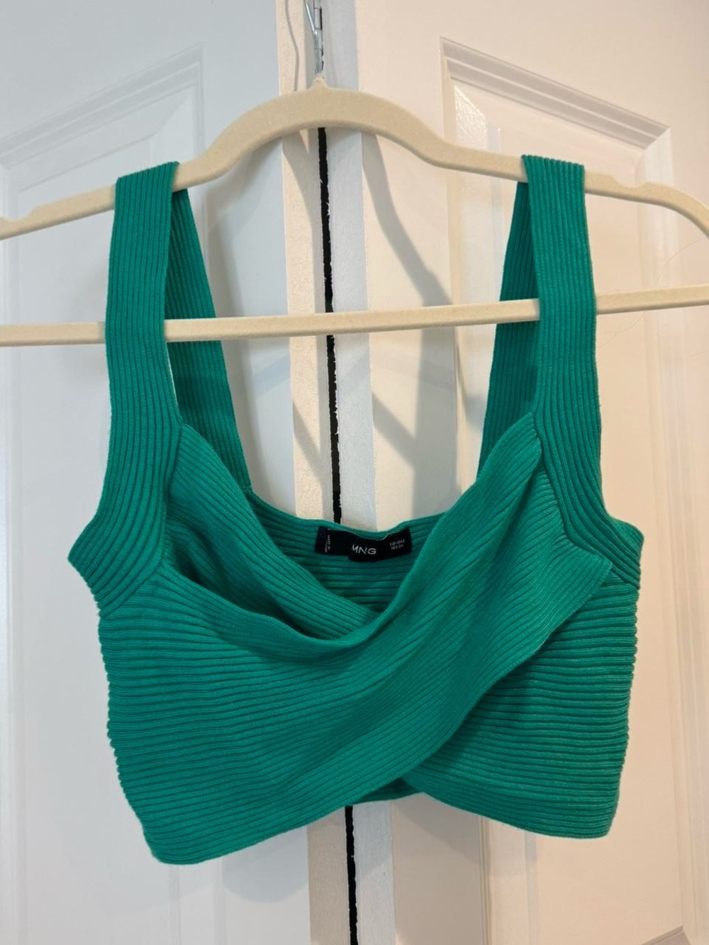 Mango Teal Ribbed Draped Crop Top